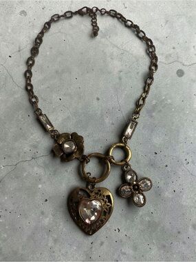 Vintage-Inspired Brass Heart & Flower Pendant Necklace in Antique Gold